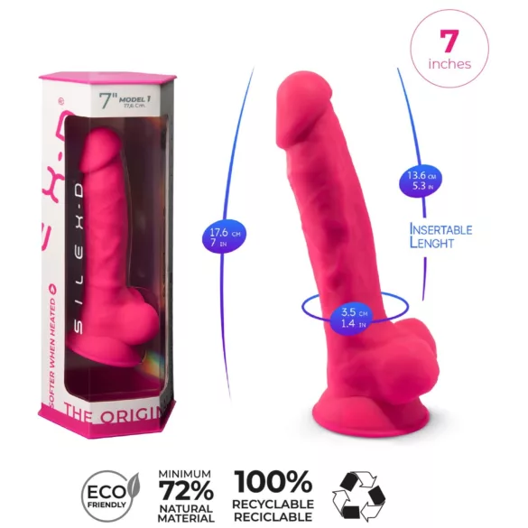 Silexd 7 - piesūcekni, ar sēkliniekiem aprīkots dildo - 17,5 cm (rozā)