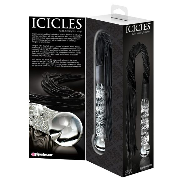 Icicles No. 38 - stikla dildo un ādas pātaga caurspīdīgs melns