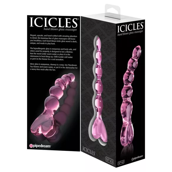 Icicles No. 43 - stikla dildo ar pērlītēm un sirsniņu rozā