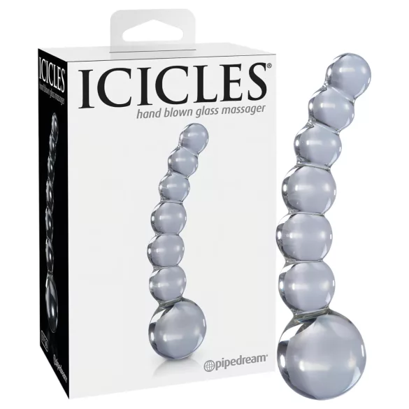Icicles No. 66 - stikla dildo ar izliekumu un bumbiņām caurspīdīgs