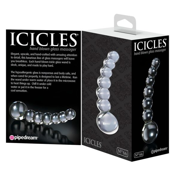 Icicles No. 66 - stikla dildo ar izliekumu un bumbiņām caurspīdīgs