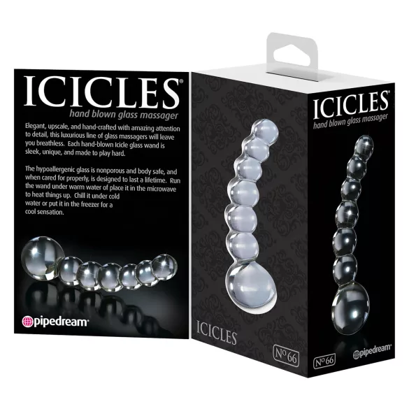Icicles No. 66 - stikla dildo ar izliekumu un bumbiņām caurspīdīgs