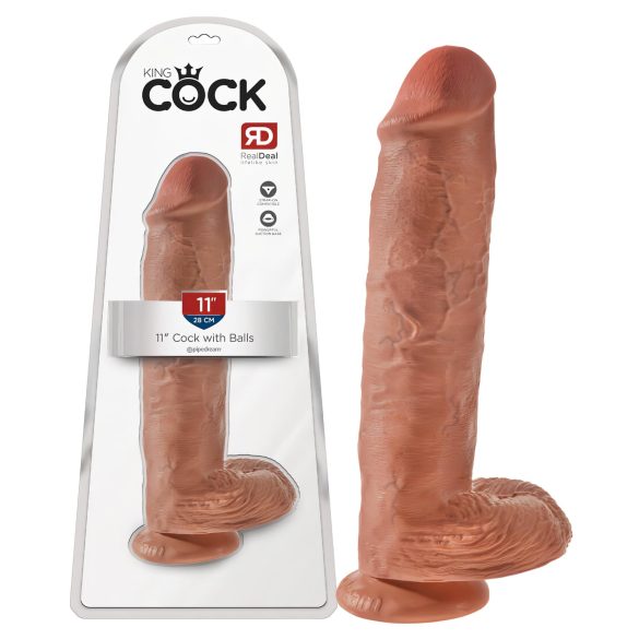 King Cock 11 - piesūcekņa dildo ar sēkliniekiem (28cm) - tumša dabīgā krāsa