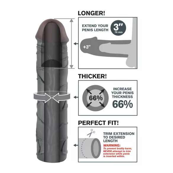 Pipedream - X-TENSION Mega 3 - dzīvs izskata dzimumlocekļa uzmava (22,8 cm, melna)