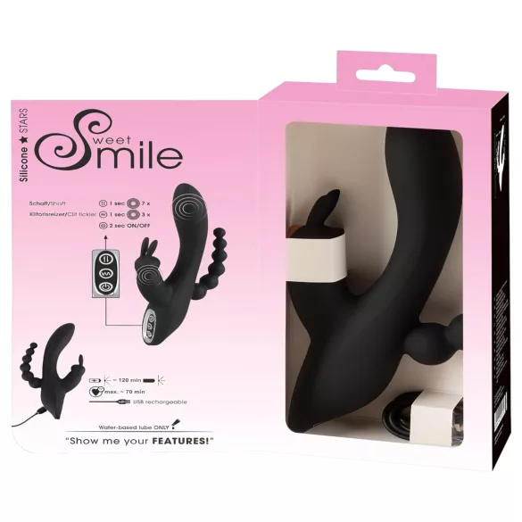 SMILE vibrators trīs zaros, uzlādējams, ūdensizturīgs, melns