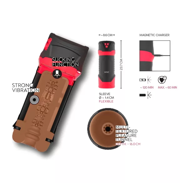 WYNE 01 - masturbators vīriešiem, vibrējošs, sildošs, sūcošs, melns, uzlādējams