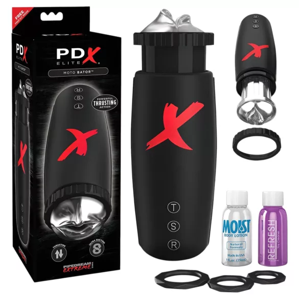 PDX Moto Bator - vīriešu masturbators ar sūkšanas funkciju, melns