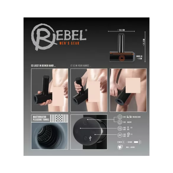 Rebel - vīriešu masturbators ar vibrāciju un kustību, melns, uzlādējams