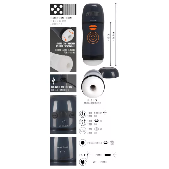 Rebel - 2in1 vīriešu masturbators ar sūkšanas un vibrācijas funkciju melns