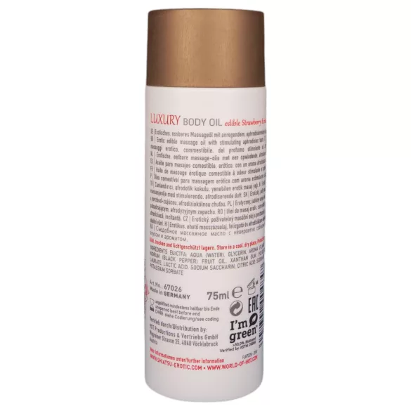 Shiatsu Luxury - ēdamā masāžas eļļa ar zemeņu un sarkano piparu aromātu 75ml