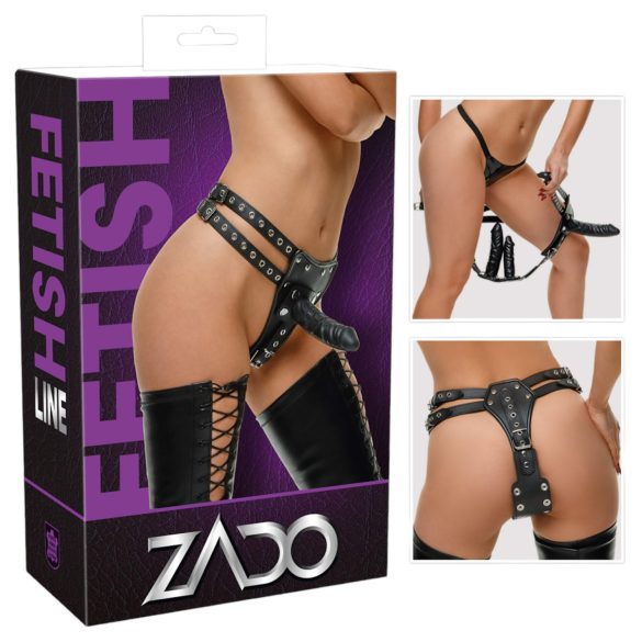 ZADO - ādas apakšveļa ar 2 iekšējiem dildo (melna)