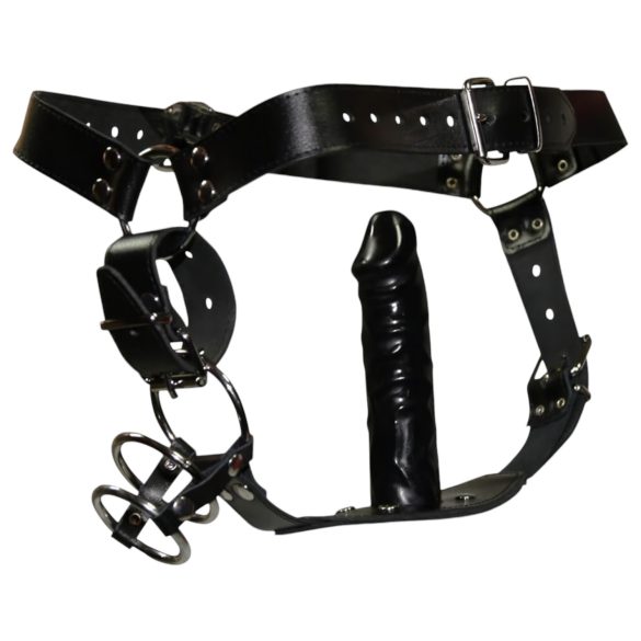 ZADO - ādas stringi ar dildo un 3 erekcijas gredzeniem