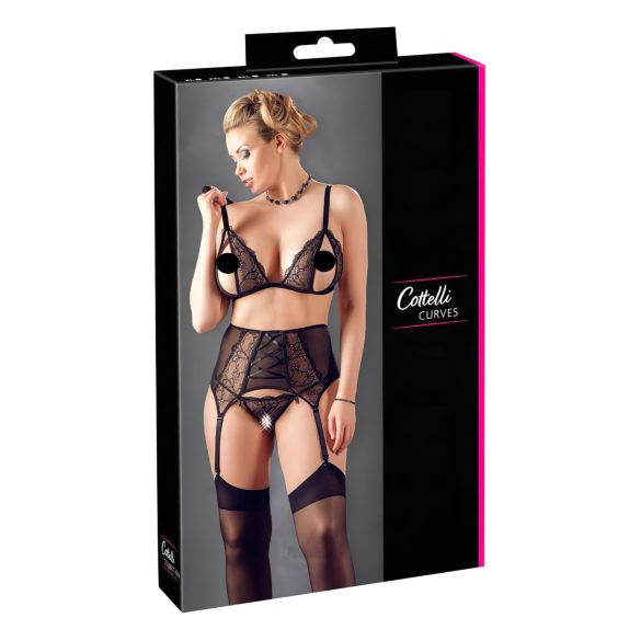 Cottelli Plus Size - Mežģīņu apakšveļas trijotne (melna) - XXXL