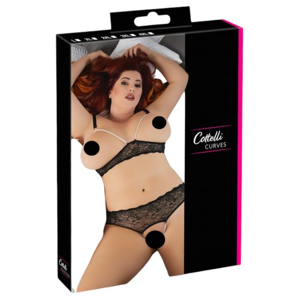 Cottelli Plus Size - melnbaltas pērlēm rotātas krūštura komplekts - XL