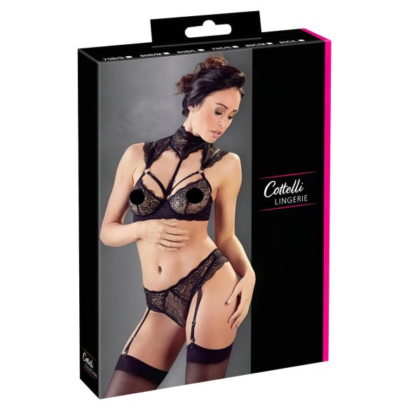 Cottelli - Mežģīņu krūštura komplekts ar apkakli (melns) - 85C/L