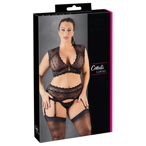 Cottelli Plus Size - ar mirdzumiem rotāts mežģīņu komplekts (melns)