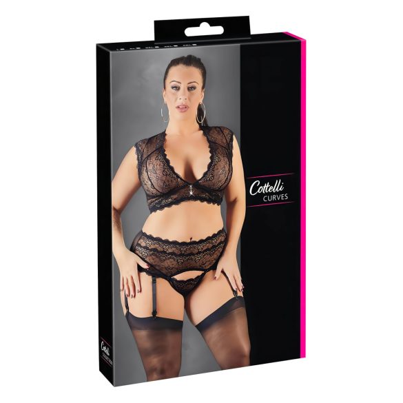 Cottelli Plus Size - ar mirdzumiem rotāts mežģīņu komplekts (melns) - XL