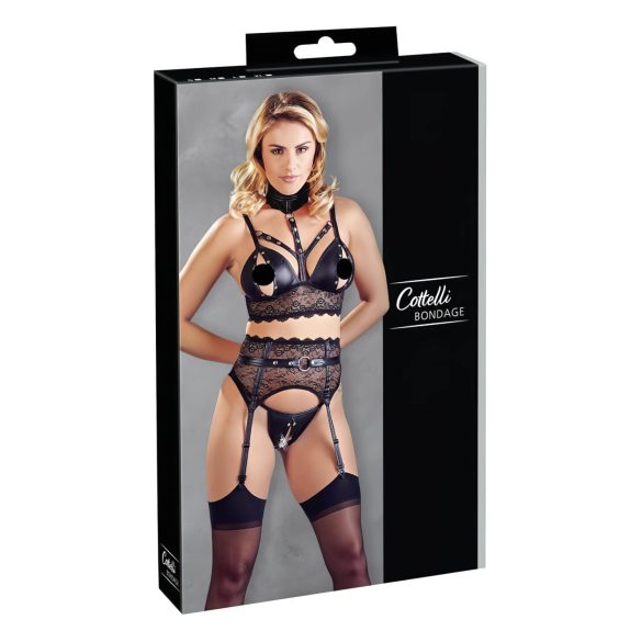 Cottelli Bondage - melnais mežģīņu komplekts ar rokudzelžiem - L