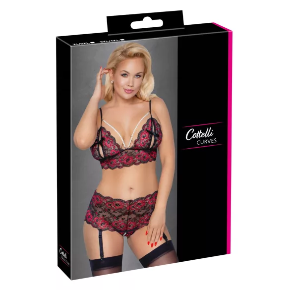 Cottelli Curves - ziedošs, atvērts krūštura komplekts (melns) - 3XL/4XL