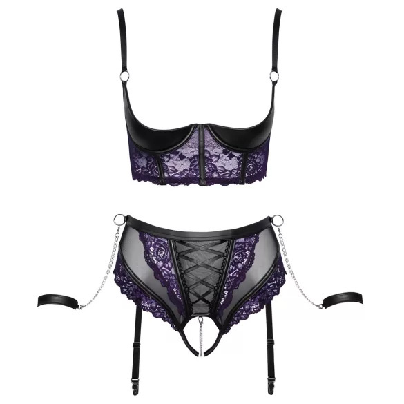 Cottelli Bondage - krūštura komplekts un roku aproces (melni-violets) - M