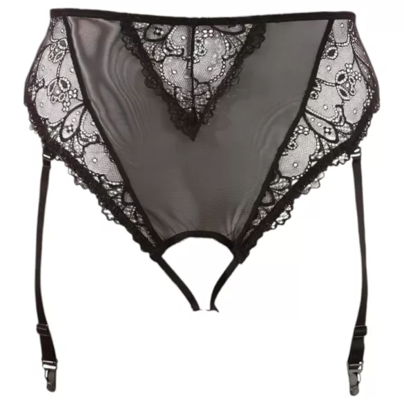 Cottelli Plus Size - mežģīņu stringbiksītes ar zeķturi (melnā krāsā)