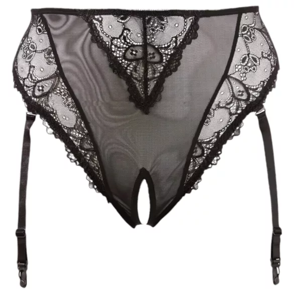 Cottelli Plus Size - mežģīņu stringbiksītes ar zeķturi (melnā krāsā)