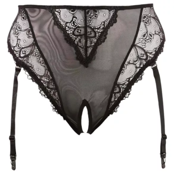 Cottelli Plus Size - mežģīņu stringbiksītes ar zeķturi (melnā krāsā) - XXXXL