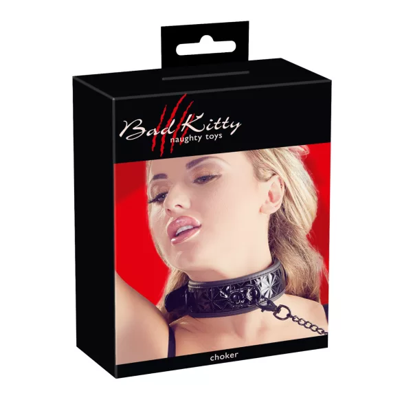 Bad Kitty - kakla siksna ar pavadu un dārgakmeņu rakstu melna