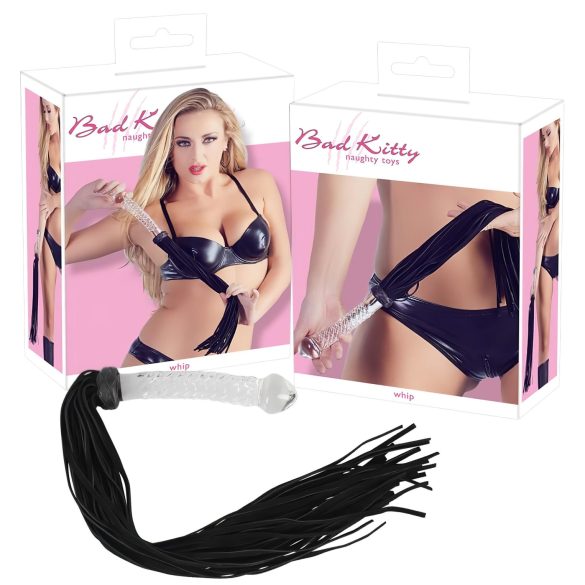 Bad Kitty - stikla dildo un ādas pātagas komplekts (caurspīdīgs-melns)