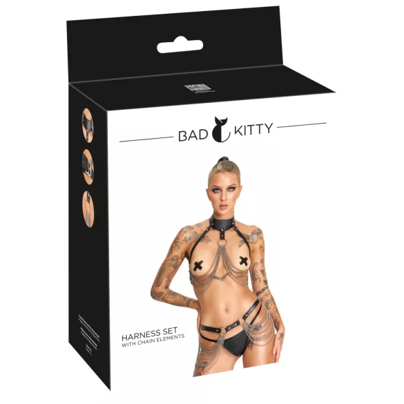 Bad Kitty - 3 daļīgs melns iejūga komplekts ar krūšu un gurnu siksnām (S-L)