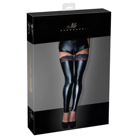 Noir - sieviešu spīdīgas mežģīņu pašnostiprinošās zeķes melnas - XL