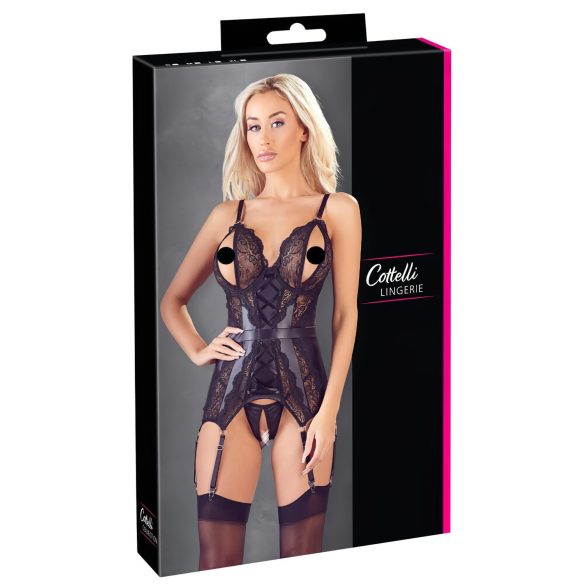 Cottelli - mežģīņu atvērtais tops un stringbiksītes (melns) - XL