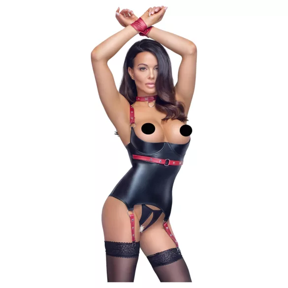 Cottelli Bondage - sieviešu lateksa tops ar krūšu atverēm un apkakli melns - M