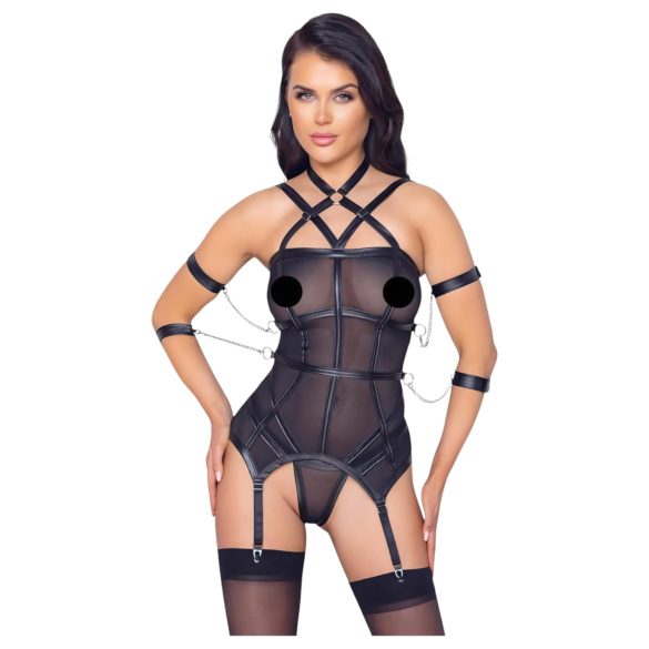 Cottelli Bondage - melns tops ar siksnām, roku dzelži un stringi