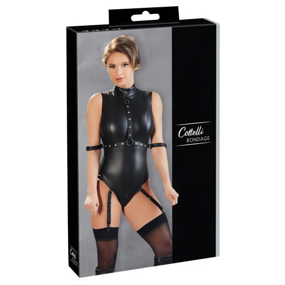 Cottelli Bondage - bezpiedurkņu spīdīgs bodijs un roku aproces (melns) - L