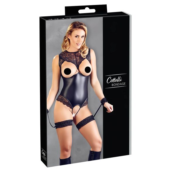 Cottelli Bondage - spīdīgs atvērts bodijs un roku dzelži (melns)