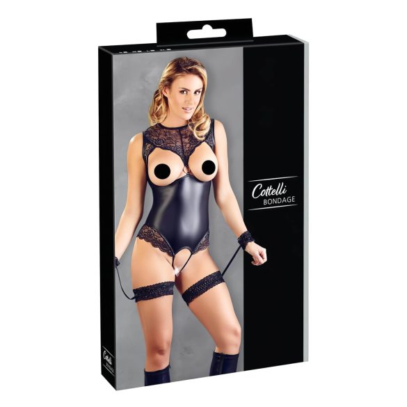 Cottelli Bondage - spīdīgs atvērts bodijs un roku dzelži (melns)