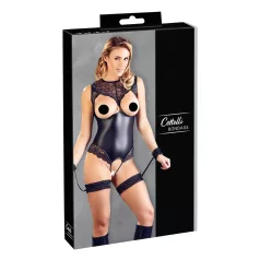   Cottelli Bondage - sieviešu atvērts spīdīgs bodijs ar roku dzelžiem melns - L