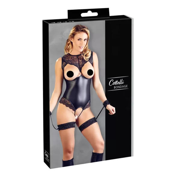 Cottelli Bondage - sieviešu atvērts spīdīgs bodijs ar roku dzelžiem melns - XL