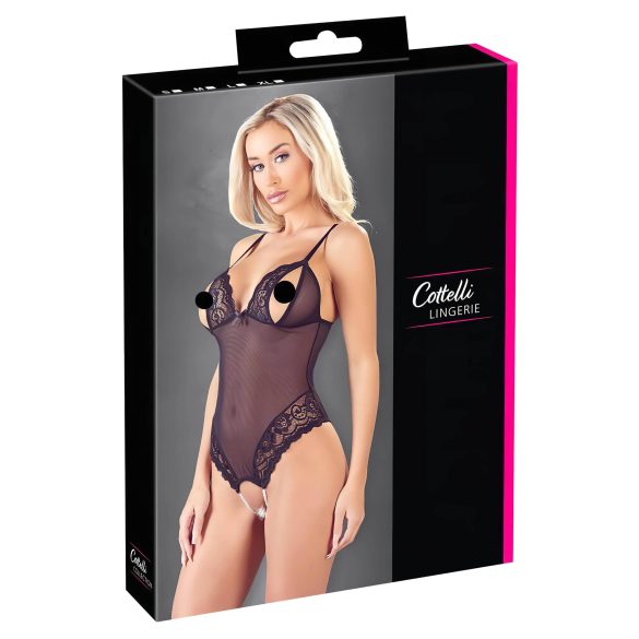 Cottelli - melnais atvērtais mežģīņu body ar pērlītēm - M