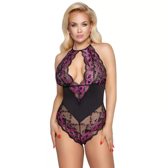 Cottelli plus size sieviešu mežģīņu bodijs melns/lillā - 3XL