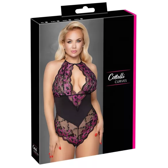 Cottelli plus size sieviešu mežģīņu bodijs melns/lillā - 4XL