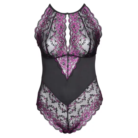 Cottelli plus size sieviešu mežģīņu bodijs melns/lillā - 4XL