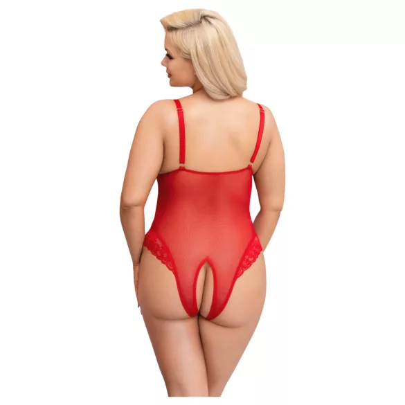 Cottelli Curves - mežģīņu bodijs caurspīdīgs sarkans - 2XL