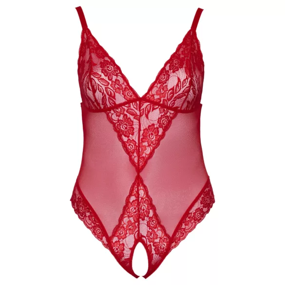Cottelli Curves - mežģīņu bodijs caurspīdīgs sarkans - 2XL