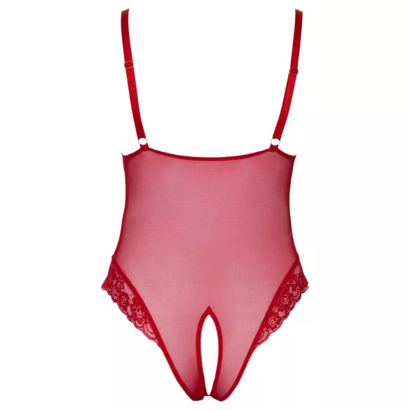 Cottelli Curves - mežģīņu bodijs caurspīdīgs sarkans - 2XL