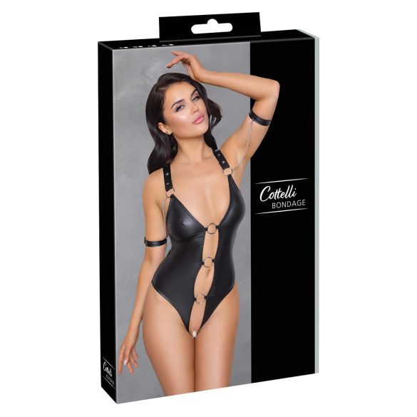 Cottelli Bondage - spīdīgs, atvērts bodijs ar gredzeniem (melns) - XL