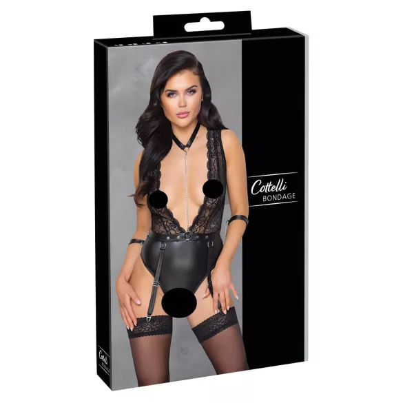 Cottelli Bondage - mežģīņu bodijs ar kakla siksnu melns - M