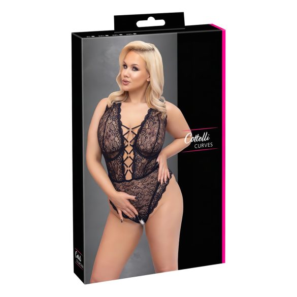 Cottelli Curves Plus Size - caurspīdīgs rakstains bodijs (melns)