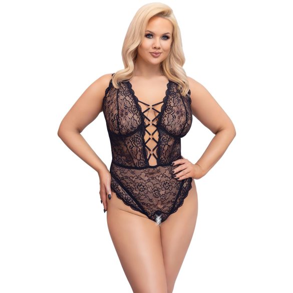 Cottelli Curves plus size caurspīdīgs rakstains bodijs melns - 90D/XL